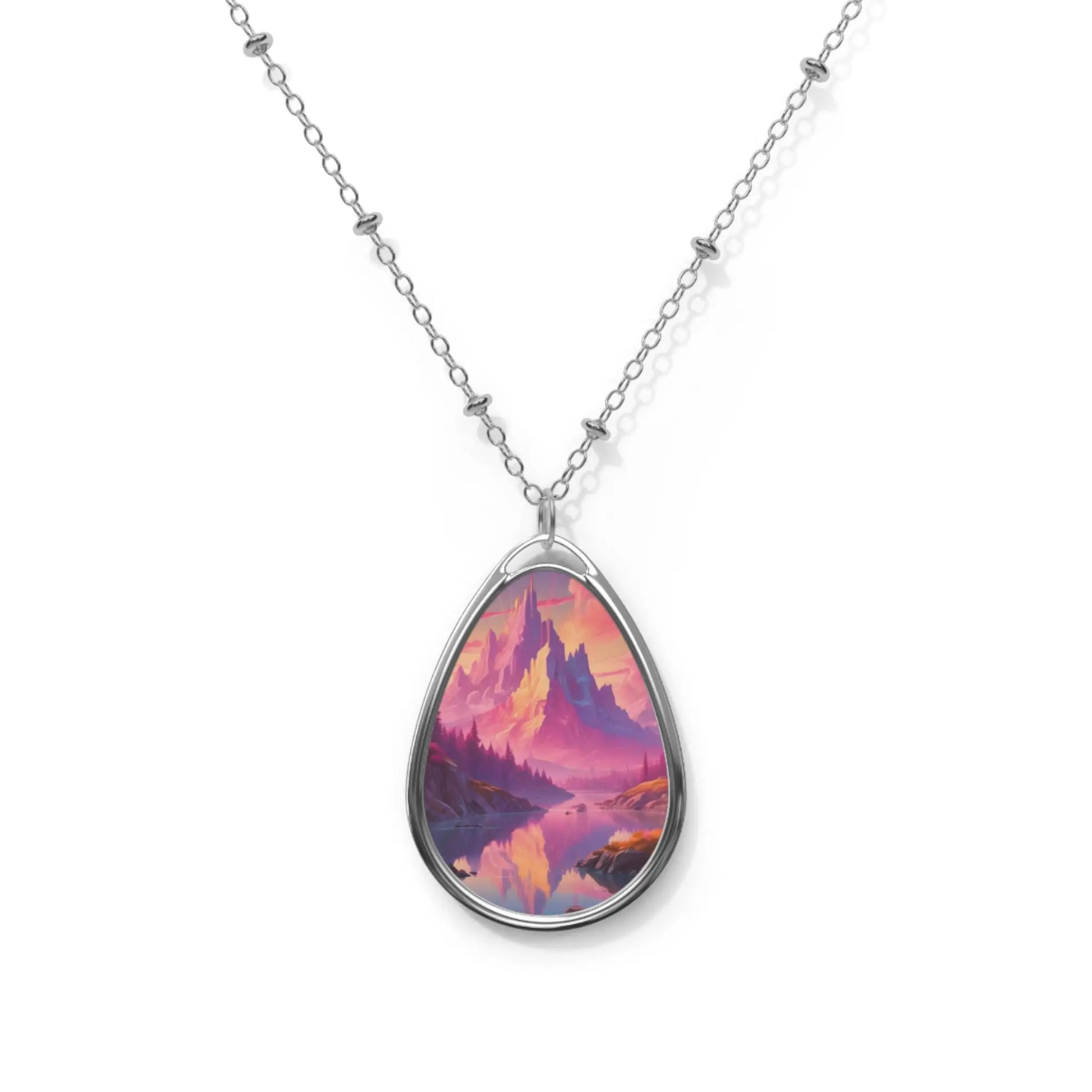 Fantasy Pink Mountains Oval Necklace - One Size / Silver - Accessories