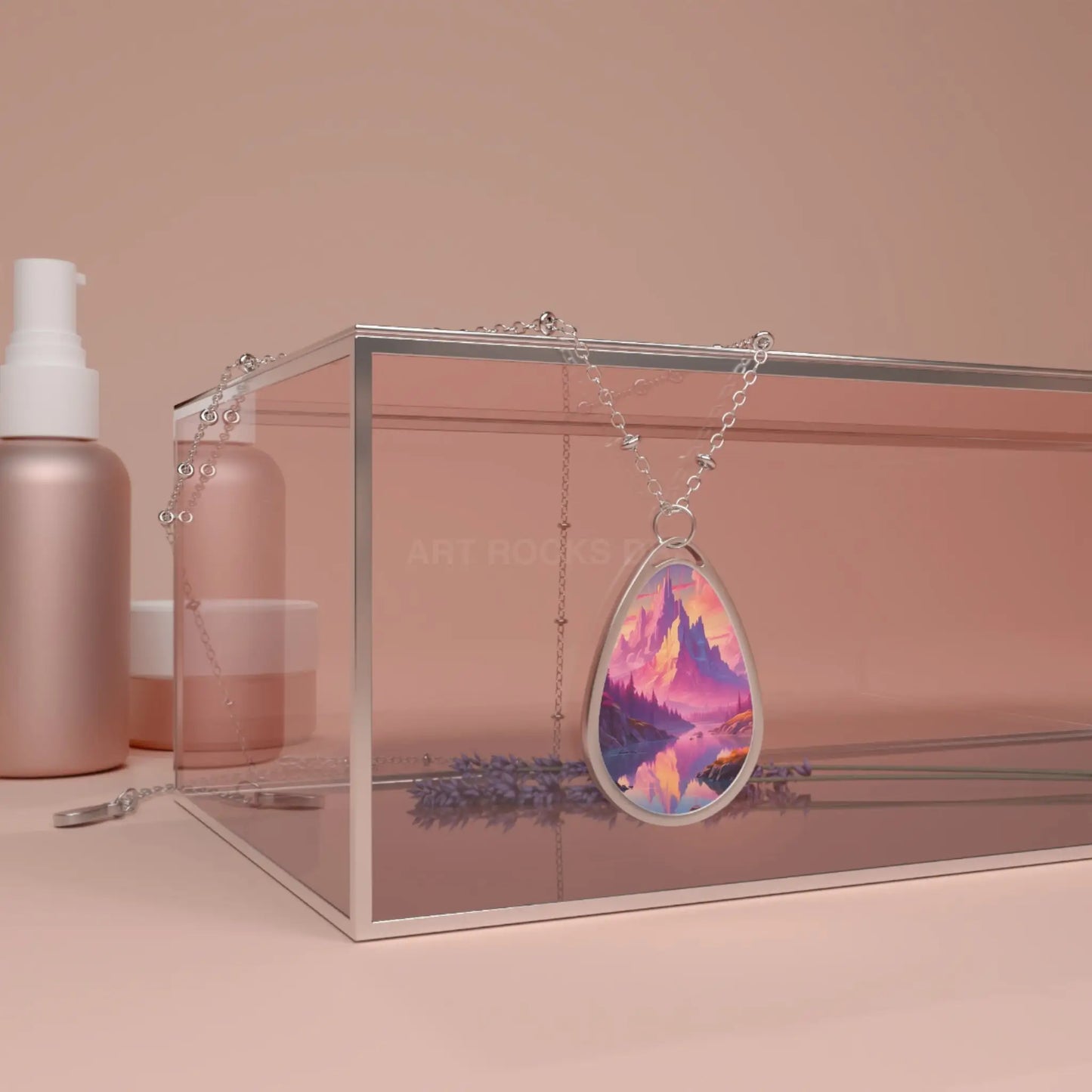 Fantasy Pink Mountains Oval Necklace - One Size / Silver - Accessories
