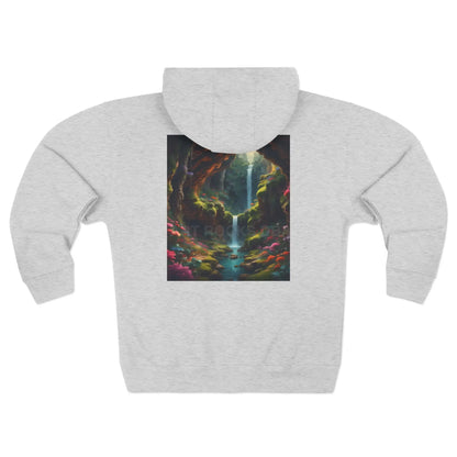 Fantasy Secret Underground Waterfall Cave Painting Style Zip-Up Sweatshirt - XS / Heather Grey - Hoodie