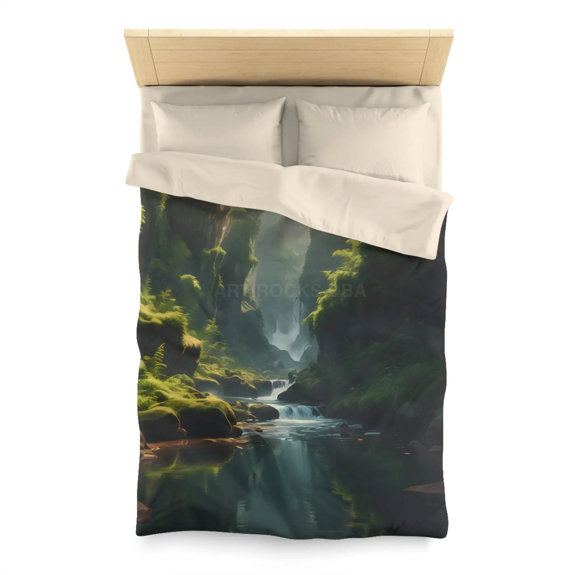 Fern Filled Canyon Microfiber Duvet Cover - Tranquil River Landscape for Cozy Bedrooms - Twin / Cream - Home Decor