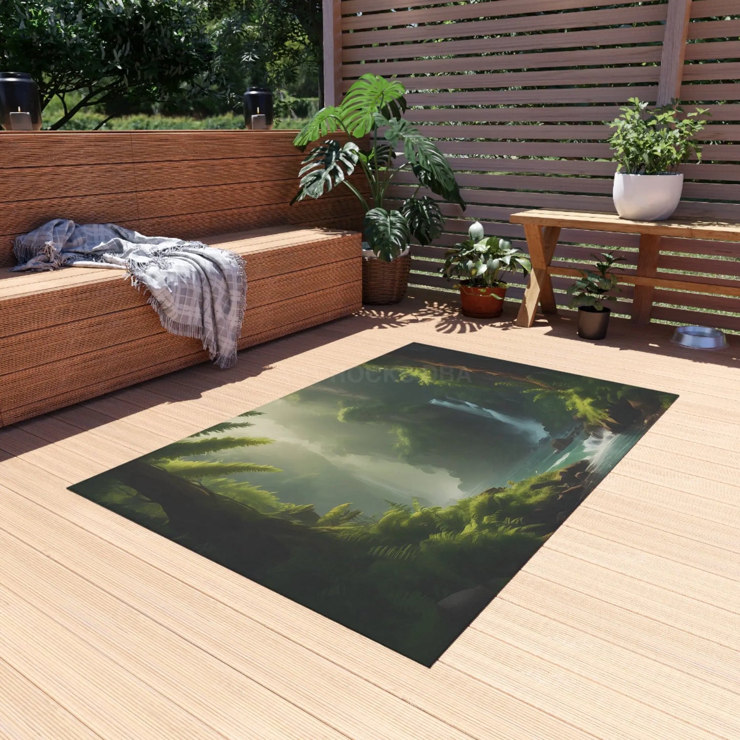 Fern Forest Outdoor Rug Cozy Patio Decor Waterfall Design Area Rug Nature-Inspired Outdoor Mat Garden and Porch Accents