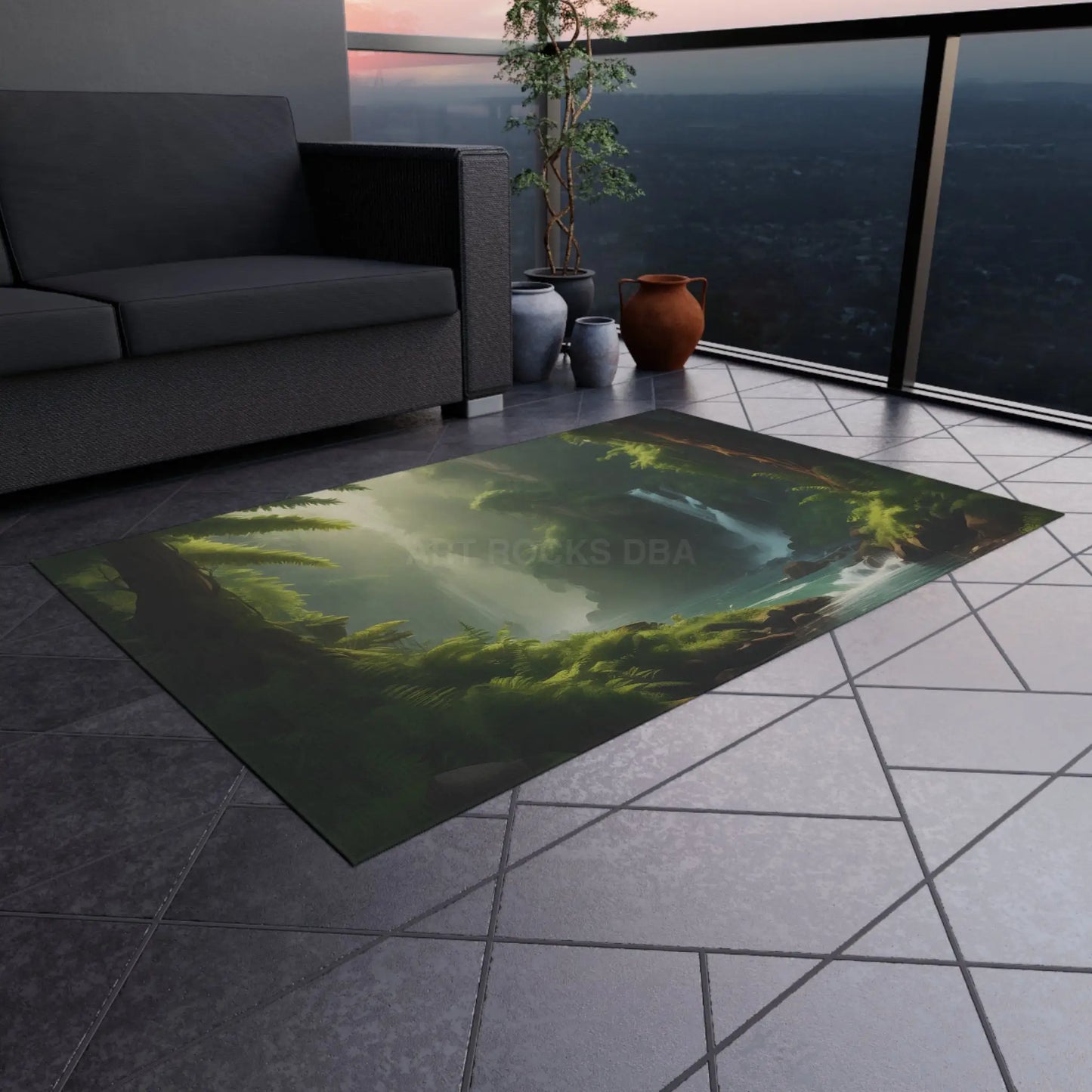 Fern Forest Outdoor Rug Cozy Patio Decor Waterfall Design Area Rug Nature-Inspired Outdoor Mat Garden and Porch Accents