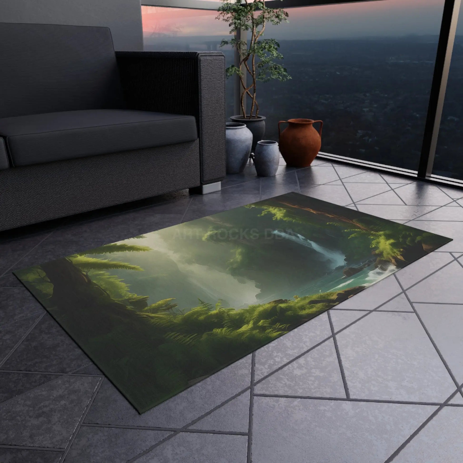 Fern Forest Outdoor Rug Cozy Patio Decor Waterfall Design Area Rug Nature-Inspired Outdoor Mat Garden and Porch Accents