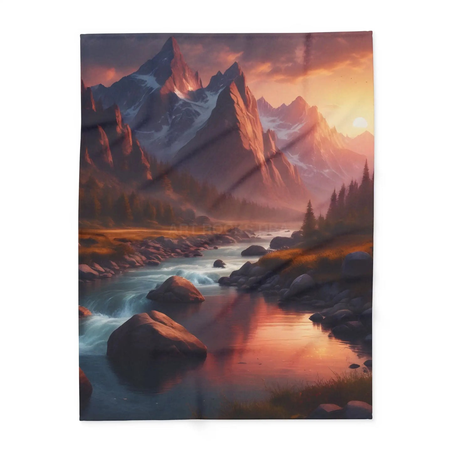 Fleece Blanket Sunset Over a River in the Mountains - 60’’ × 80’’ - Home Decor