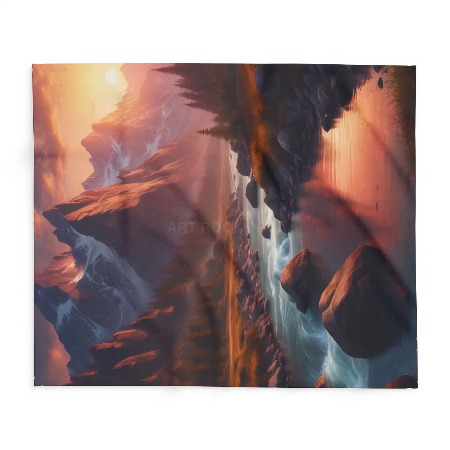 Fleece Blanket Sunset Over a River in the Mountains - Home Decor