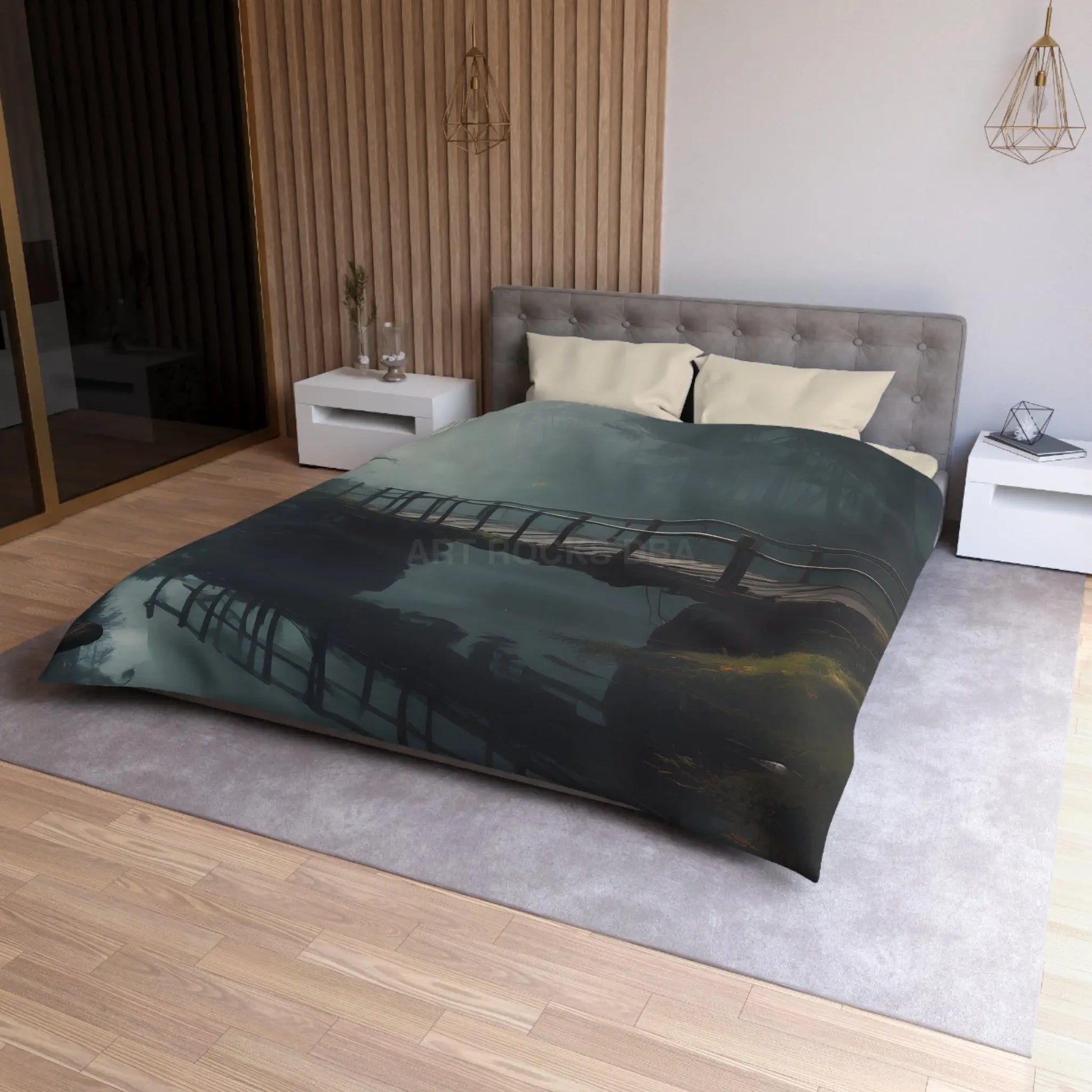Foggy Abandoned Bridge Microfiber Duvet Cover | Cozy Bedroom Decor Bridge Art Bedding Minimalist Home Accent Gift