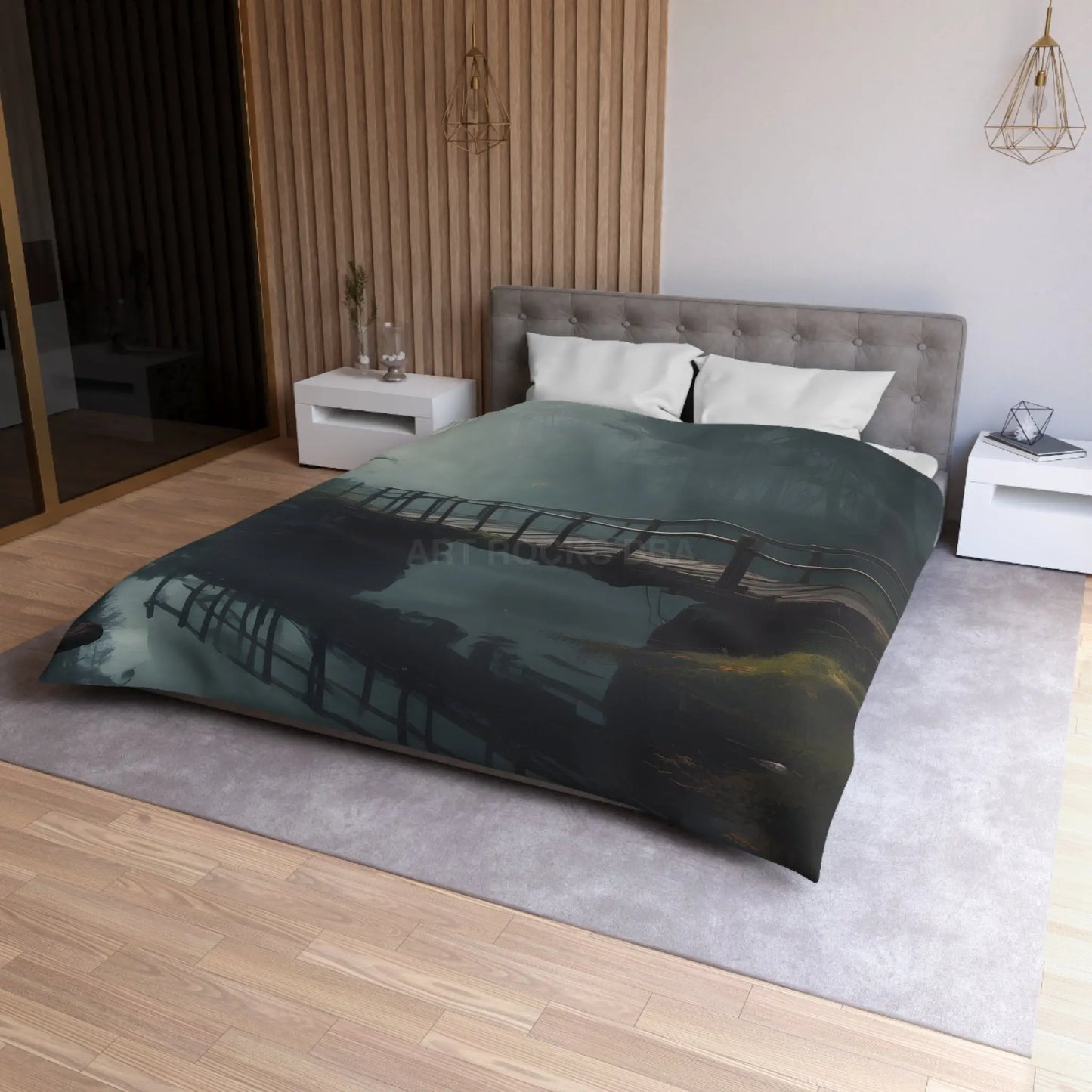 Foggy Abandoned Bridge Microfiber Duvet Cover | Cozy Bedroom Decor Bridge Art Bedding Minimalist Home Accent Gift