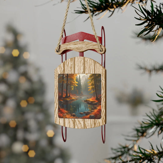 Foggy Autumn Creek in the Mountains Sled Ornament - 2.1’’ × 4.6’’ / 1 pc - Home Decor
