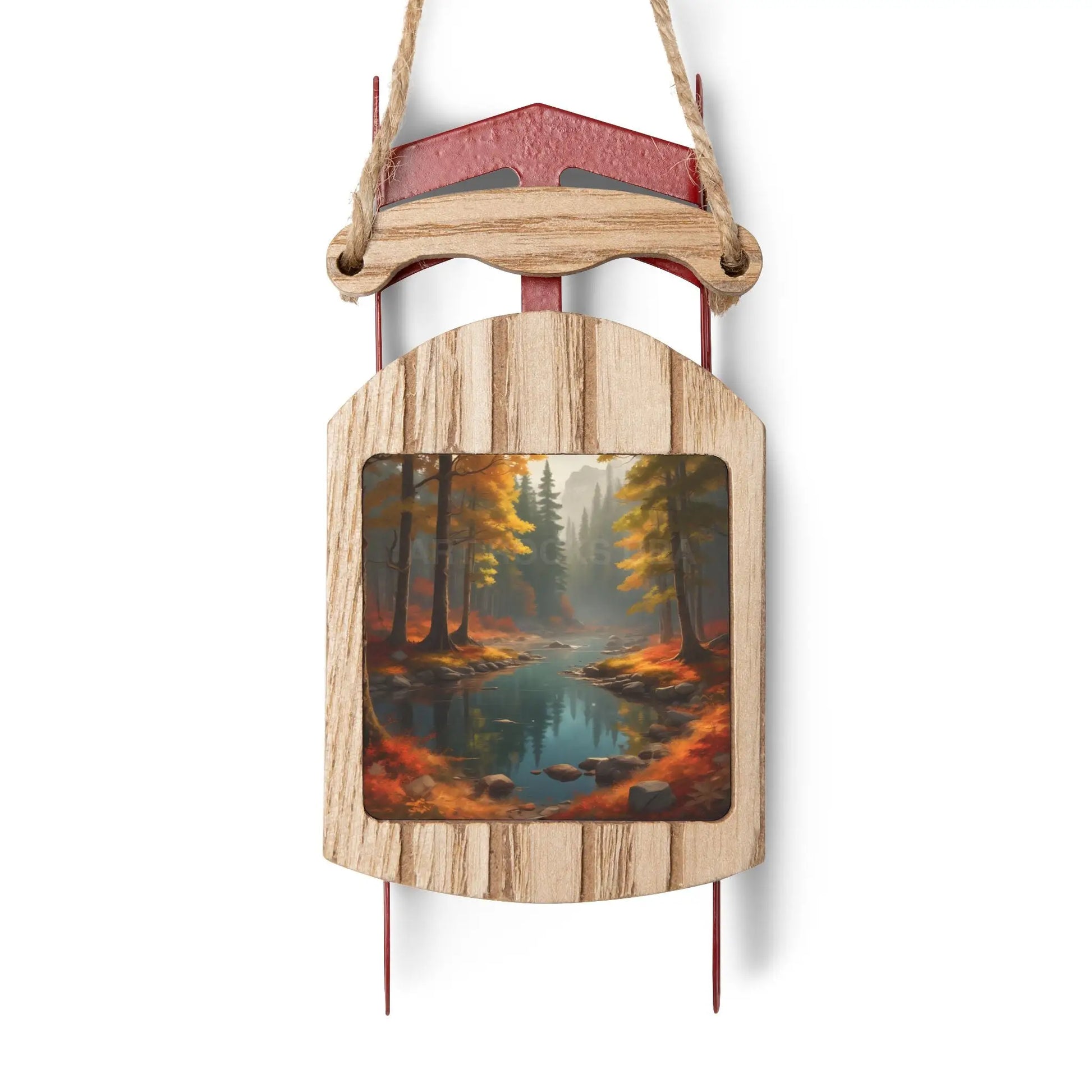 Foggy Autumn Creek in the Mountains Sled Ornament - 2.1’’ × 4.6’’ / 1 pc - Home Decor