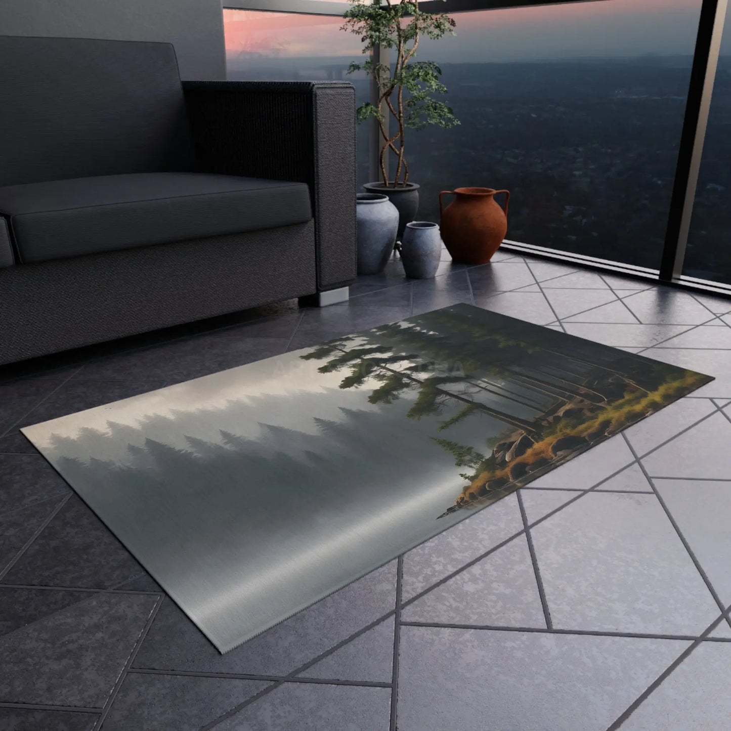 Foggy Lake Morning Outdoor Rug – Cozy Patio Decor Camping Accessory Boho Garden Mat Nature-Inspired Home Decor Perfect