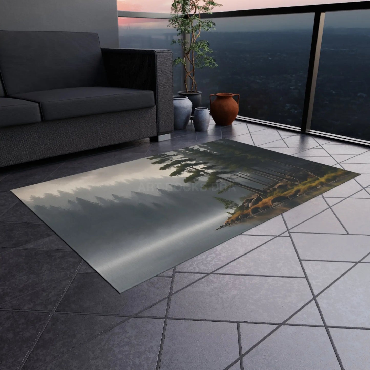 Foggy Lake Morning Outdoor Rug – Cozy Patio Decor Camping Accessory Boho Garden Mat Nature-Inspired Home Decor Perfect