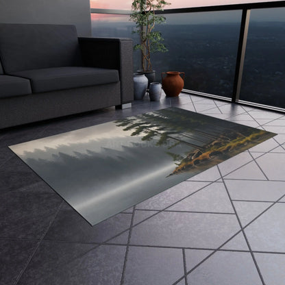 Foggy Lake Morning Outdoor Rug – Cozy Patio Decor Camping Accessory Boho Garden Mat Nature-Inspired Home Decor Perfect