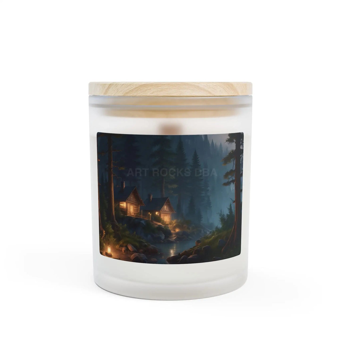 Forest Cabin Scented Candle — Frosted Glass 11oz (Cozy Woodland Cabin Artwork) - Home Decor