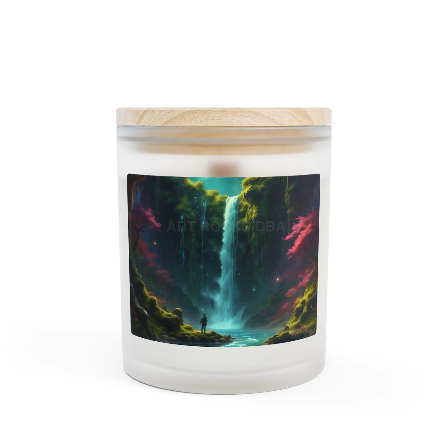 Frosted Glass Candle — Mystical Waterfall Scene 11 oz - Home Decor