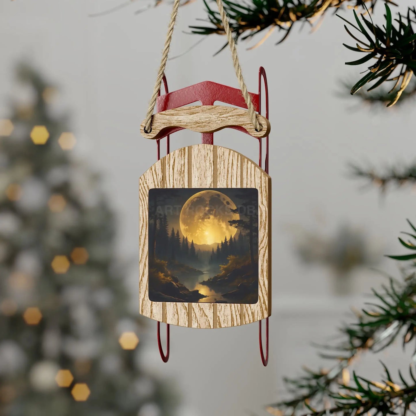 Full Moonlit Forest Sled Ornament — Woodland Winter Holiday Decoration - 2.1’’ × 4.6’’ / 1 pc - Home Decor