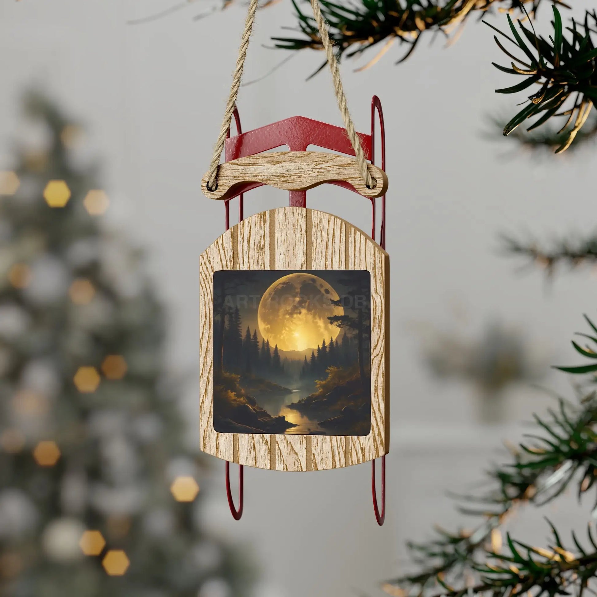 Full Moonlit Forest Sled Ornament — Woodland Winter Holiday Decoration - 2.1’’ × 4.6’’ / 1 pc - Home Decor
