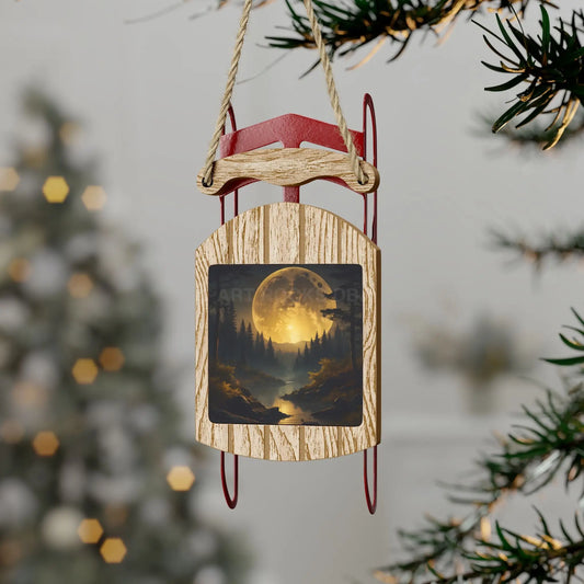 Full Moonlit Forest Sled Ornament — Woodland Winter Holiday Decoration - 2.1’’ × 4.6’’ / 1 pc - Home Decor