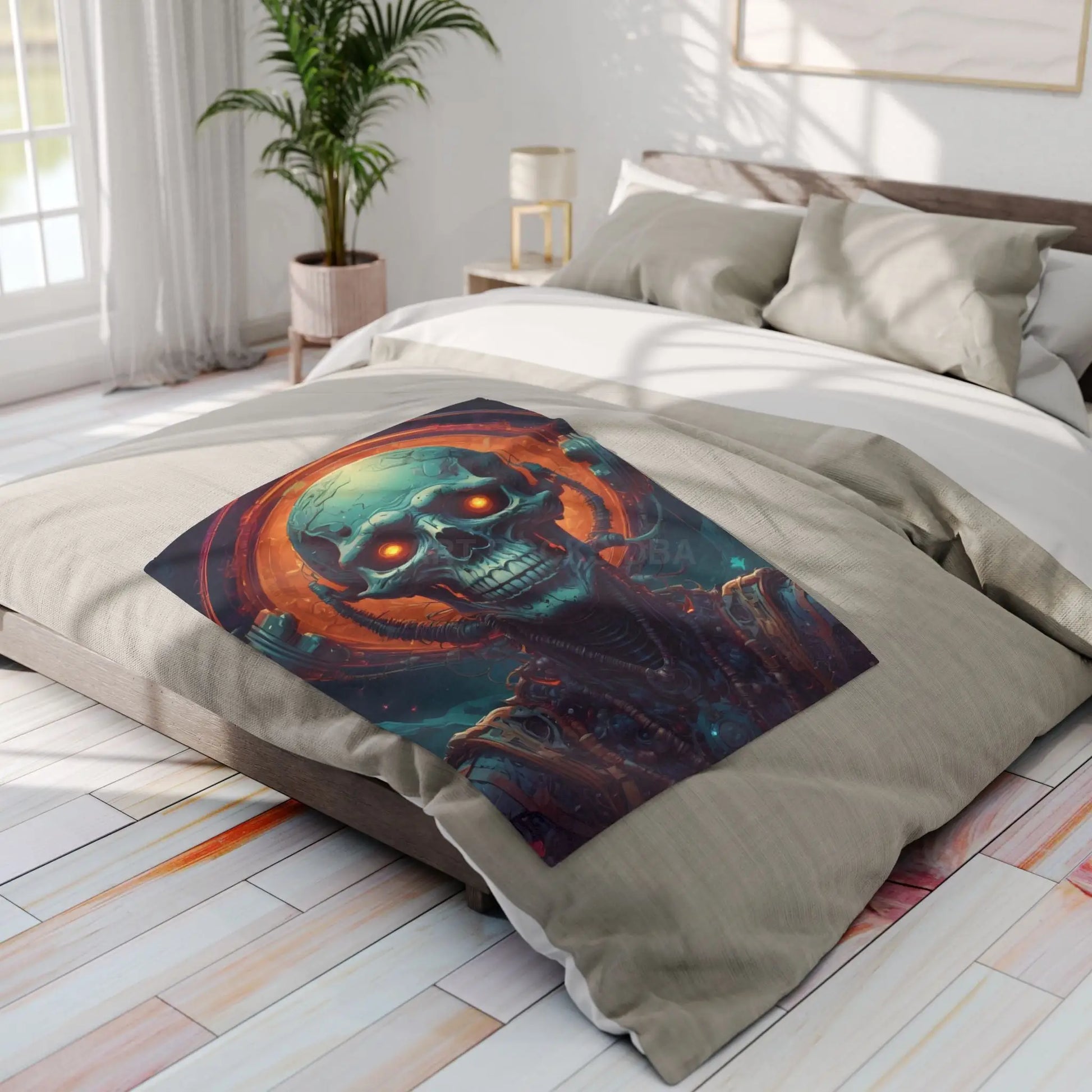 Futuristic Skeleton Fleece Blanket - Cozy Art for Home Decor Gothic Gift Halloween Bedroom Living Room - Home Decor