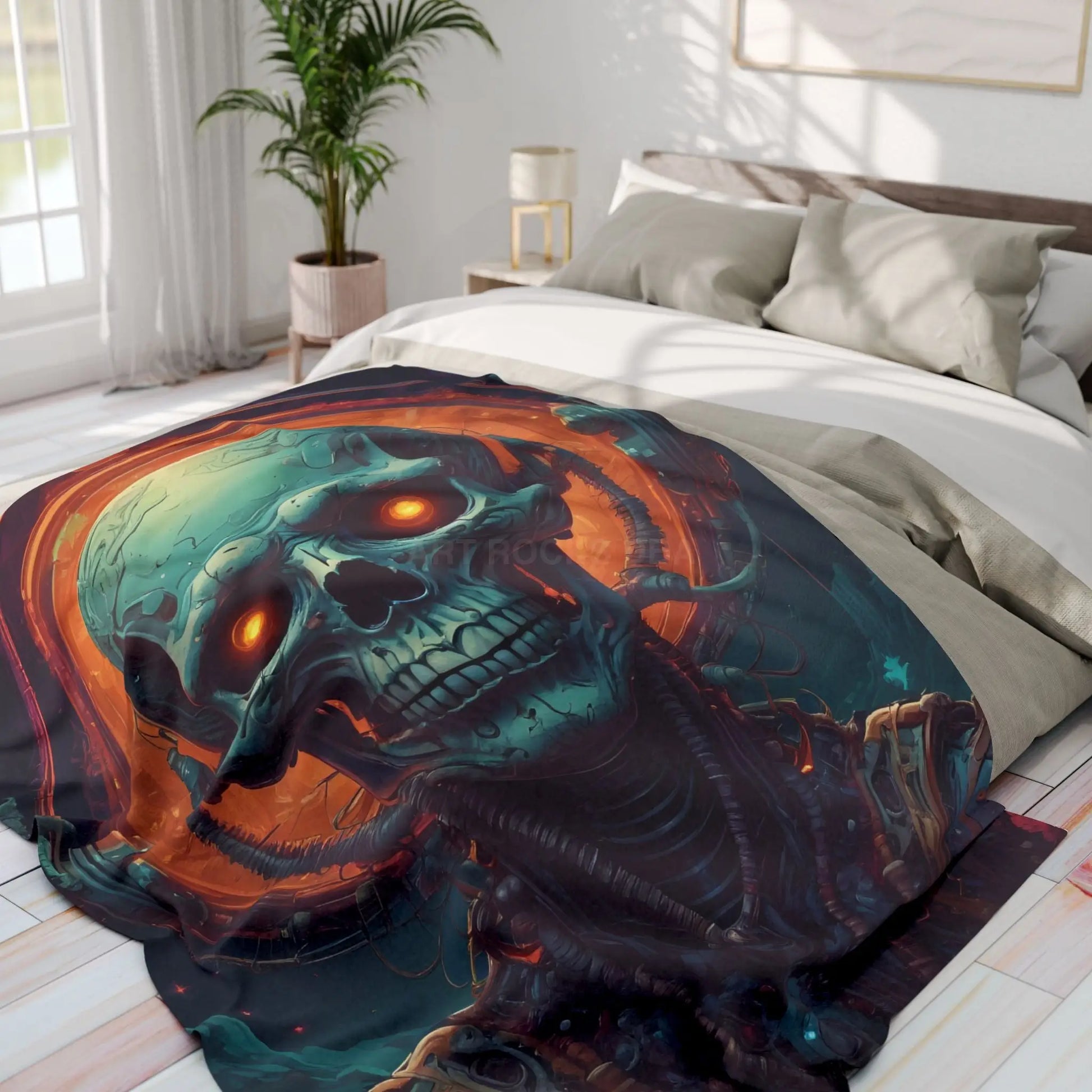 Futuristic Skeleton Fleece Blanket - Cozy Art for Home Decor Gothic Gift Halloween Bedroom Living Room - Home Decor