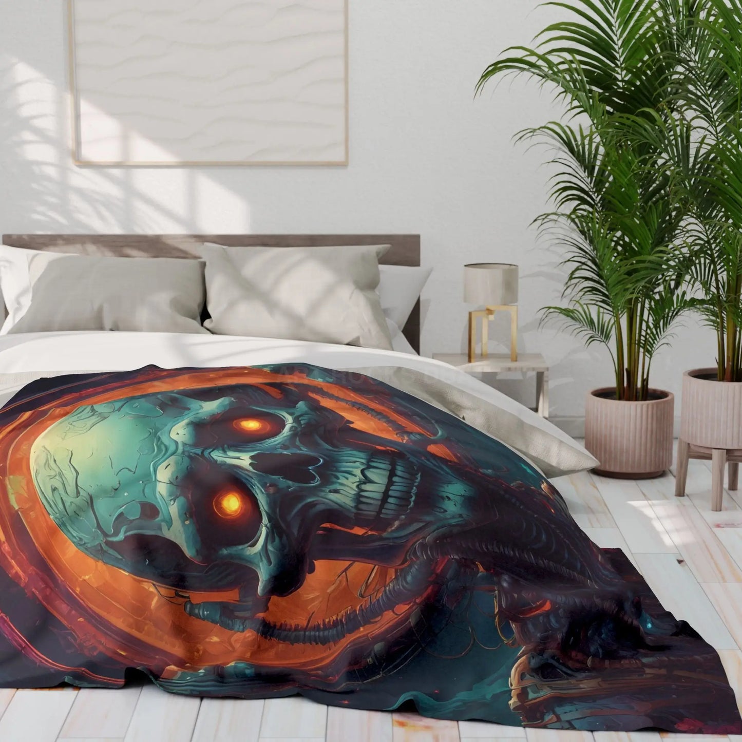 Futuristic Skeleton Fleece Blanket - Cozy Art for Home Decor Gothic Gift Halloween Bedroom Living Room - Home Decor