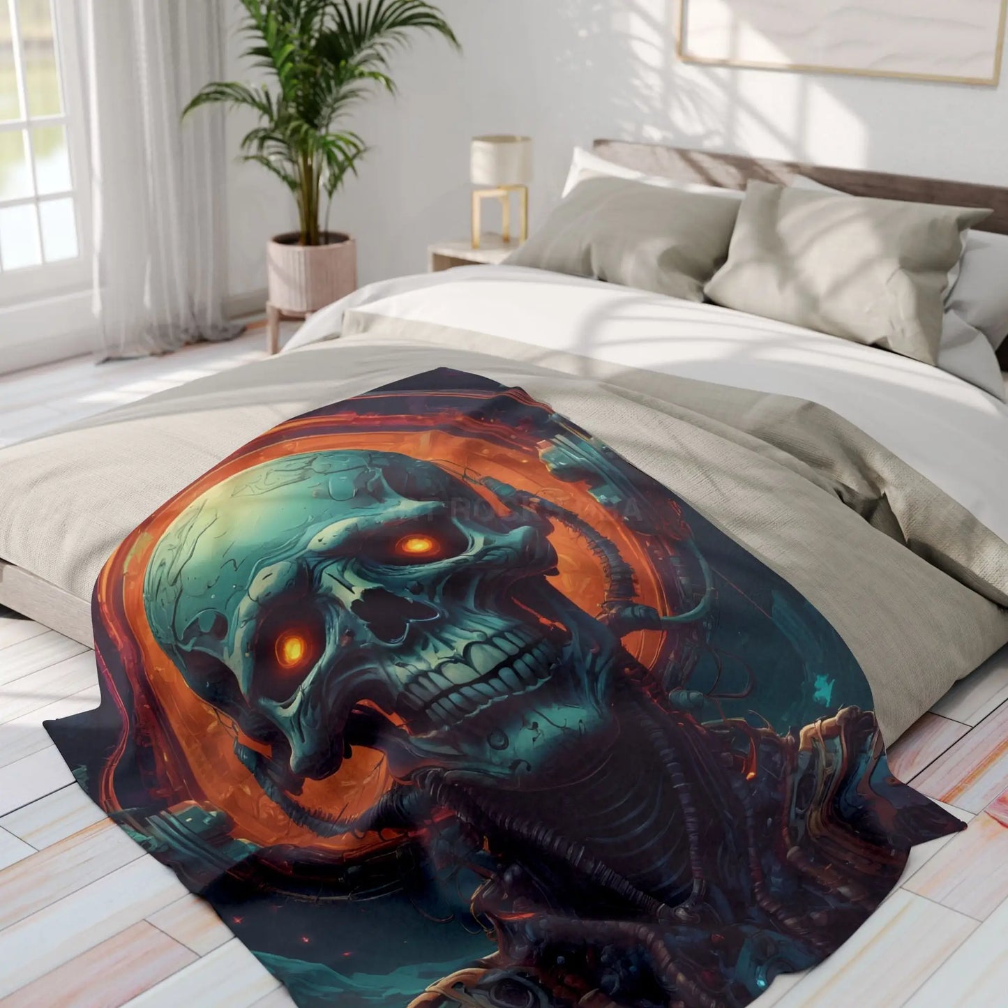 Futuristic Skeleton Fleece Blanket - Cozy Art for Home Decor Gothic Gift Halloween Bedroom Living Room - Home Decor