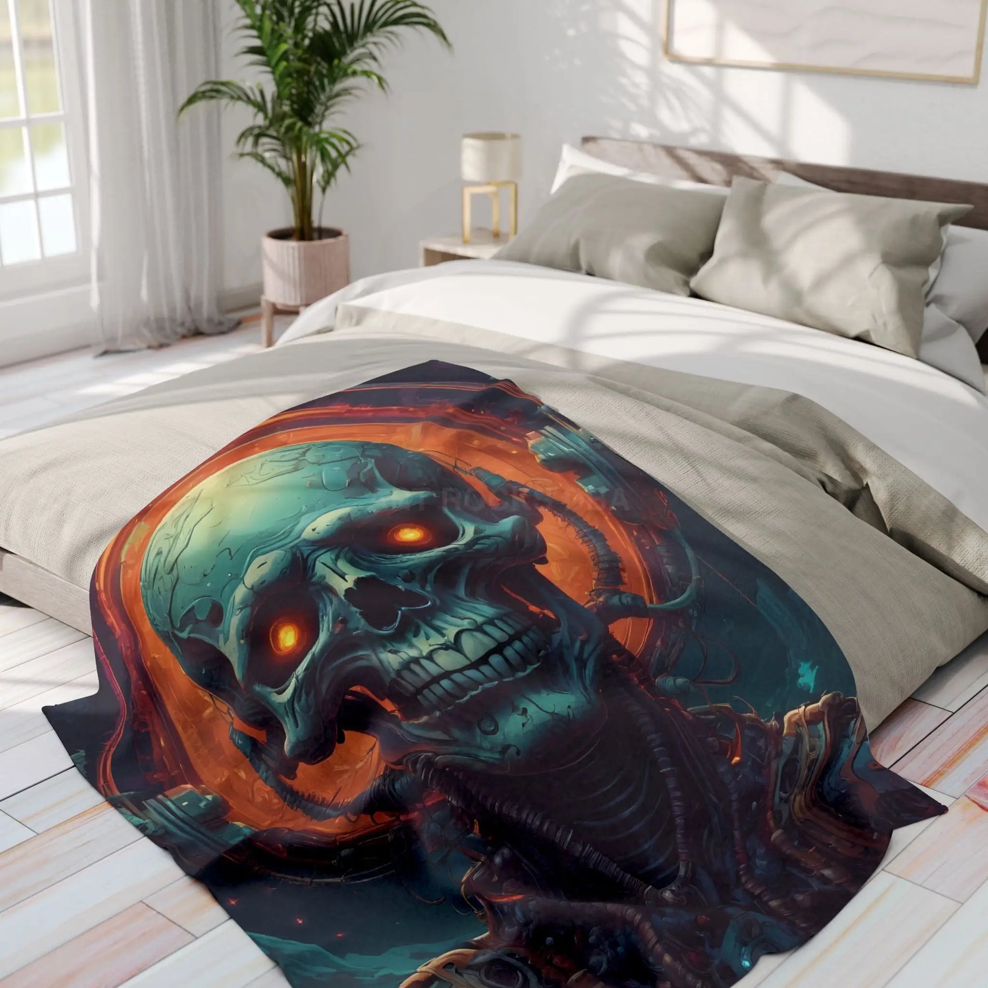 Futuristic Skeleton Fleece Blanket - Cozy Art for Home Decor Gothic Gift Halloween Bedroom Living Room - Home Decor