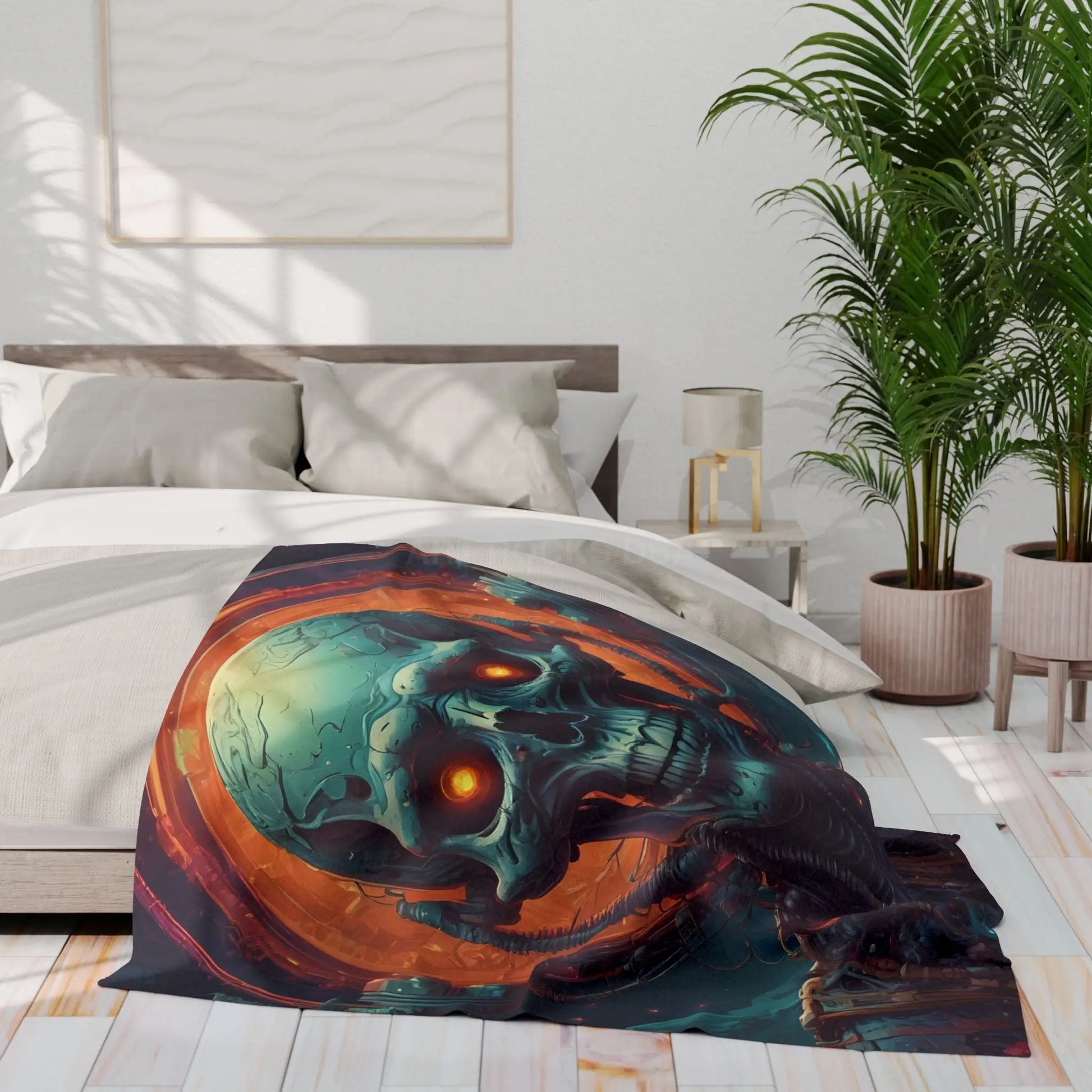 Futuristic Skeleton Fleece Blanket - Cozy Art for Home Decor Gothic Gift Halloween Bedroom Living Room - Home Decor