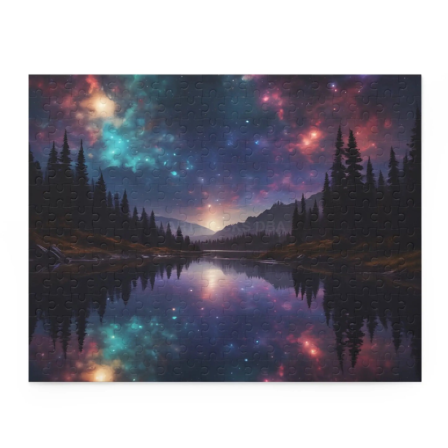 Galaxy Lake Reflection Puzzle — Starry Night Forest Landscape (120/252/500-Piece) - 14’’ × 11’’ (252 pcs) - Puzzle