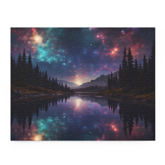 Galaxy Lake Reflection Puzzle — Starry Night Forest Landscape (120/252/500-Piece) - 14’’ × 11’’ (252 pcs) - Puzzle