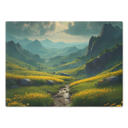 Glass Cutting Board with Golden Mountain Meadow Landscape – Scenic Kitchen Decor - Home Decor