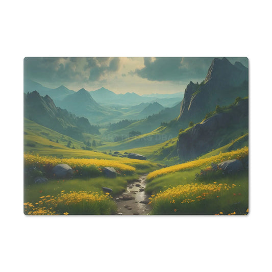 Glass Cutting Board with Golden Mountain Meadow Landscape – Scenic Kitchen Decor - Small - Home Decor