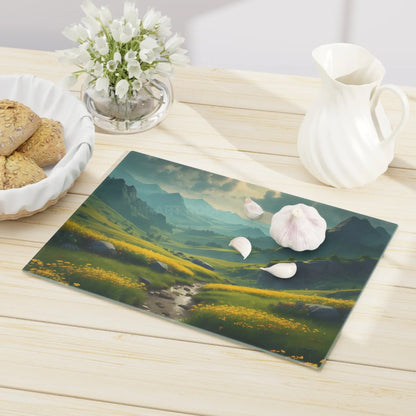 Glass Cutting Board with Golden Mountain Meadow Landscape – Scenic Kitchen Decor - Home Decor