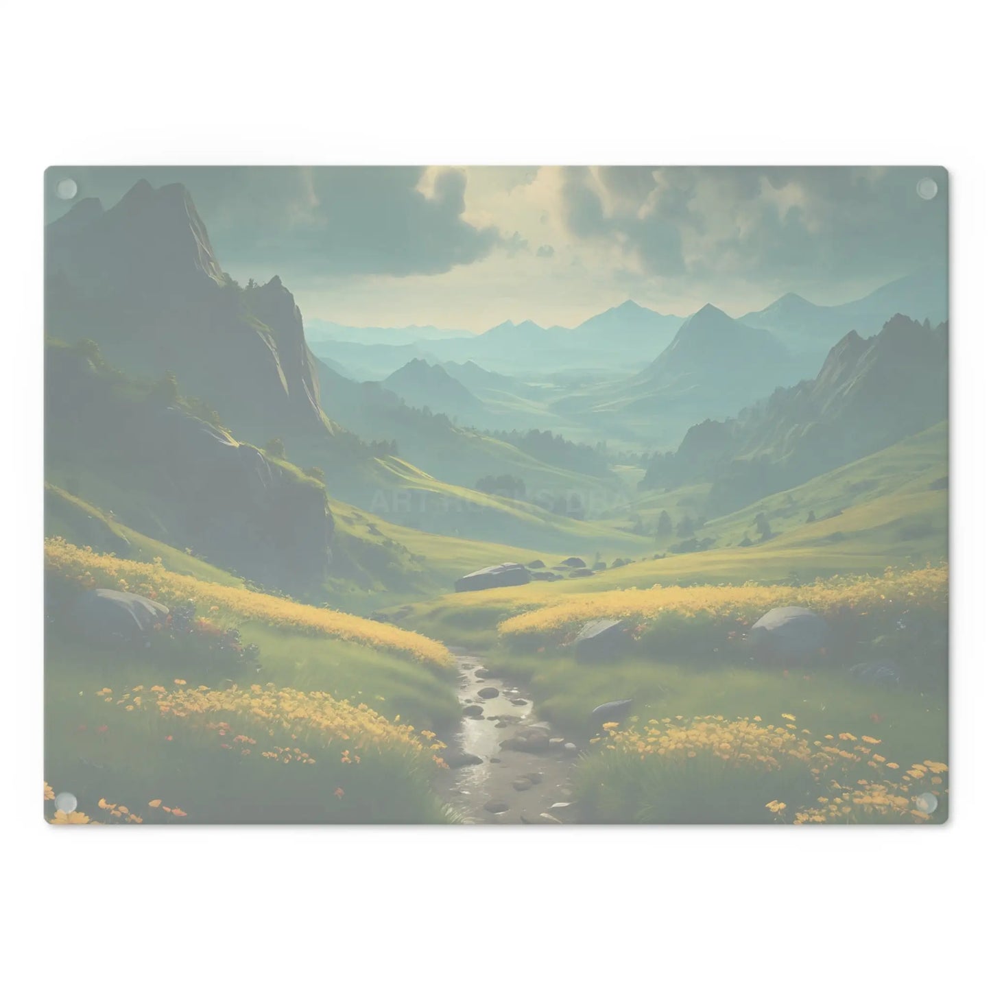Glass Cutting Board with Golden Mountain Meadow Landscape – Scenic Kitchen Decor - Home Decor