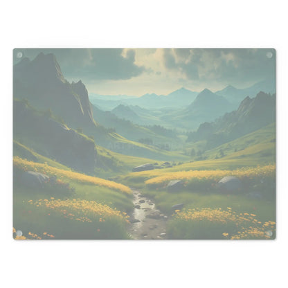Glass Cutting Board with Golden Mountain Meadow Landscape – Scenic Kitchen Decor - Home Decor