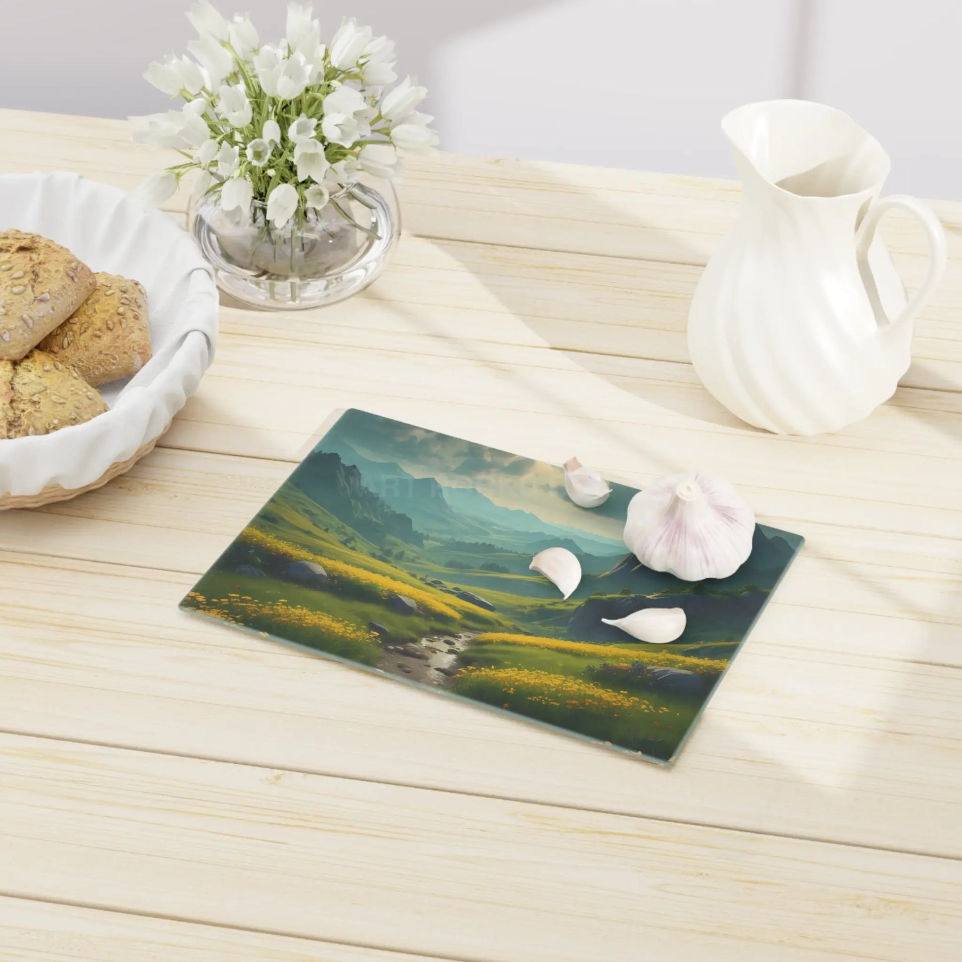 Glass Cutting Board with Golden Mountain Meadow Landscape – Scenic Kitchen Decor - Home Decor