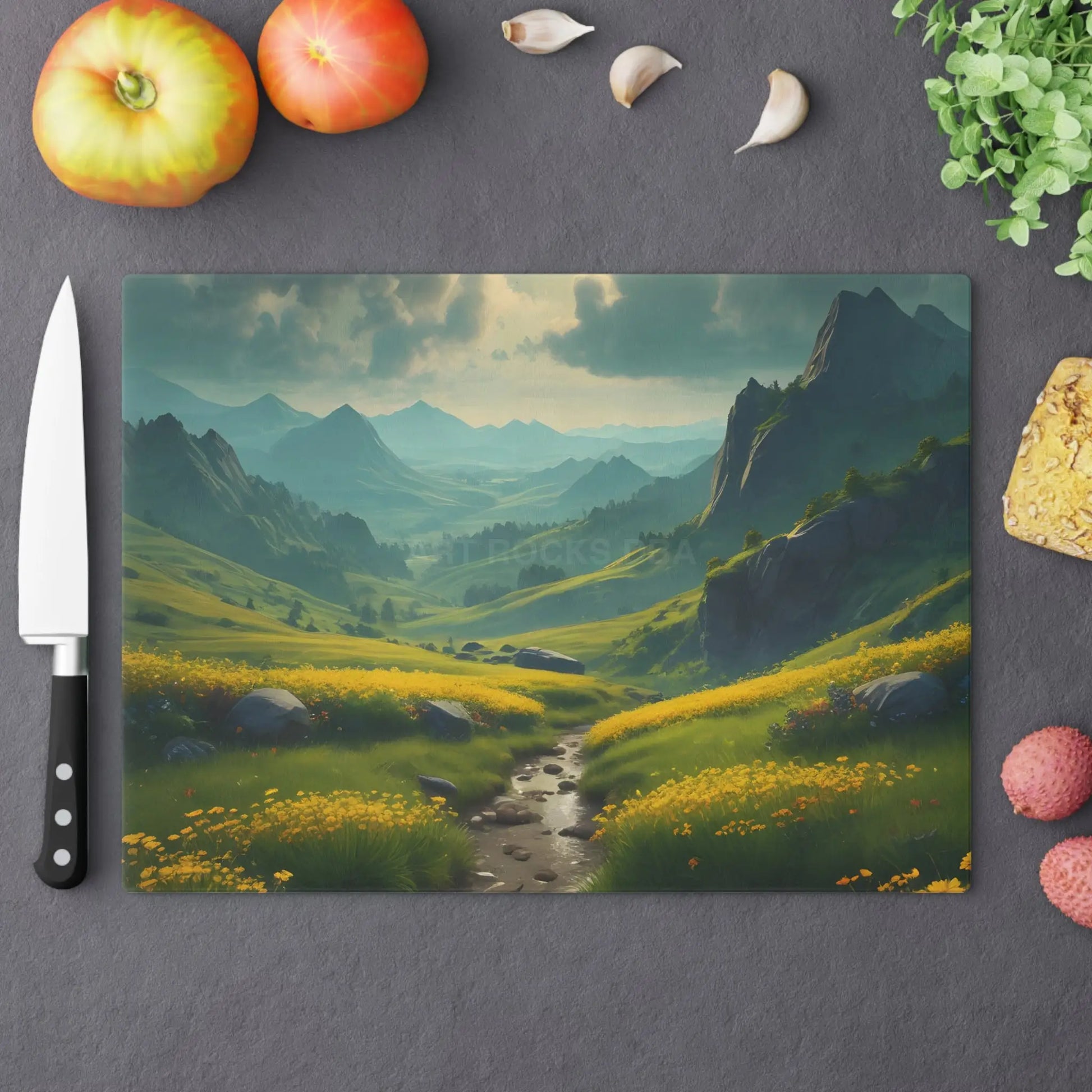 Glass Cutting Board with Golden Mountain Meadow Landscape – Scenic Kitchen Decor - Large - Home Decor