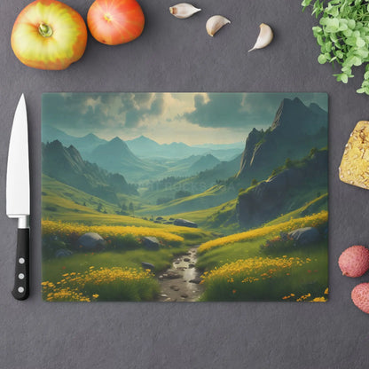Glass Cutting Board with Golden Mountain Meadow Landscape – Scenic Kitchen Decor - Large - Home Decor