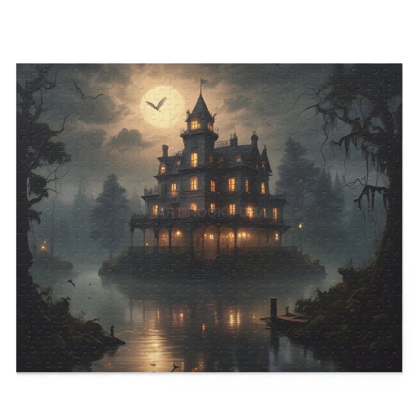 Glowing Haunted Mansion Jigsaw Puzzle — Spooky Moonlit 120/252/500-Piece Puzzle - 20’’ × 16’’ (500 pcs) - Puzzle