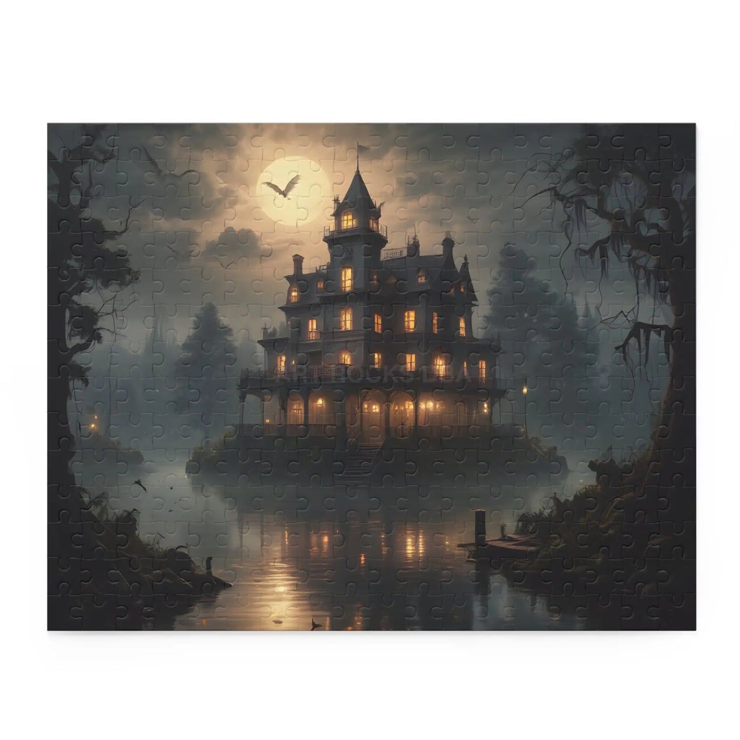 Glowing Haunted Mansion Jigsaw Puzzle — Spooky Moonlit 120/252/500-Piece Puzzle - 14’’ × 11’’ (252 pcs) - Puzzle