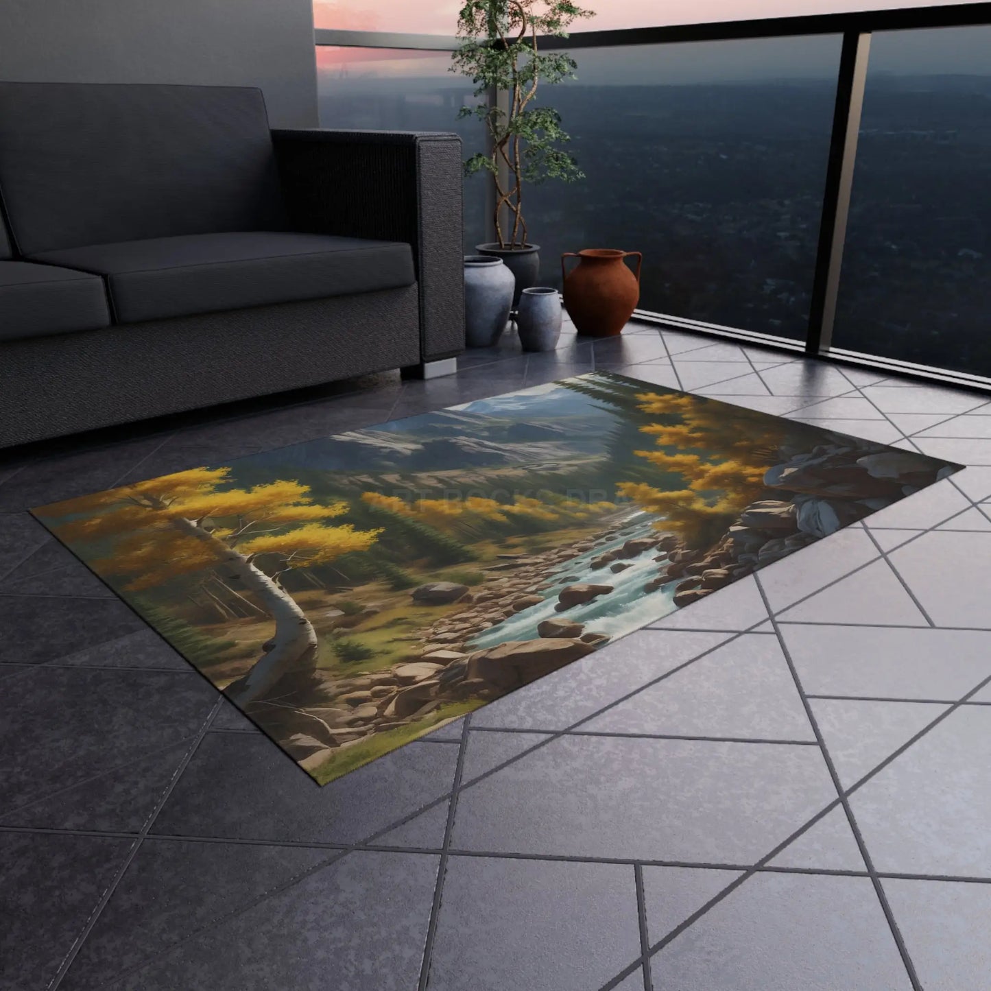Golden Aspen River Outdoor Rug Scenic Area Rug for Patios and Decks Cozy Home Décor for Fall Gatherings Perfect
