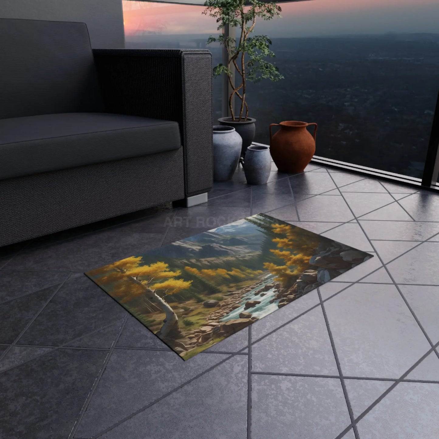 Golden Aspen River Outdoor Rug Scenic Area Rug for Patios and Decks Cozy Home Décor for Fall Gatherings Perfect