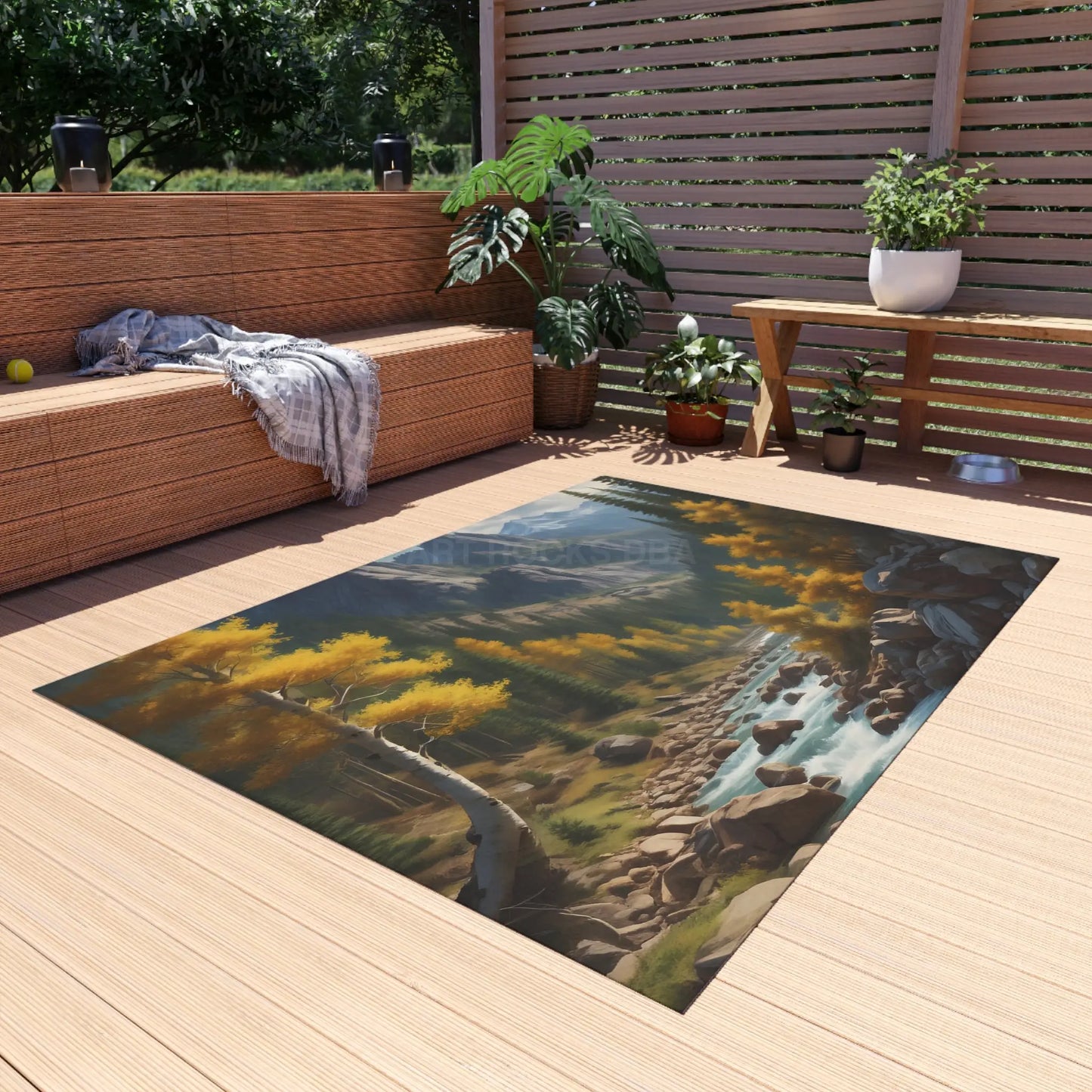 Golden Aspen River Outdoor Rug Scenic Area Rug for Patios and Decks Cozy Home Décor for Fall Gatherings Perfect