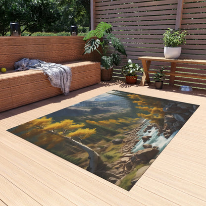 Golden Aspen River Outdoor Rug Scenic Area Rug for Patios and Decks Cozy Home Décor for Fall Gatherings Perfect
