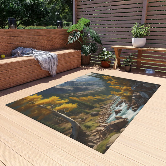 Golden Aspen River Outdoor Rug Scenic Area Rug for Patios and Decks Cozy Home Décor for Fall Gatherings Perfect
