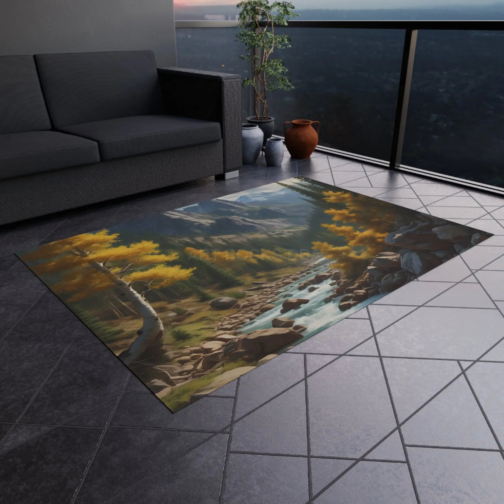 Golden Aspen River Outdoor Rug Scenic Area Rug for Patios and Decks Cozy Home Décor for Fall Gatherings Perfect