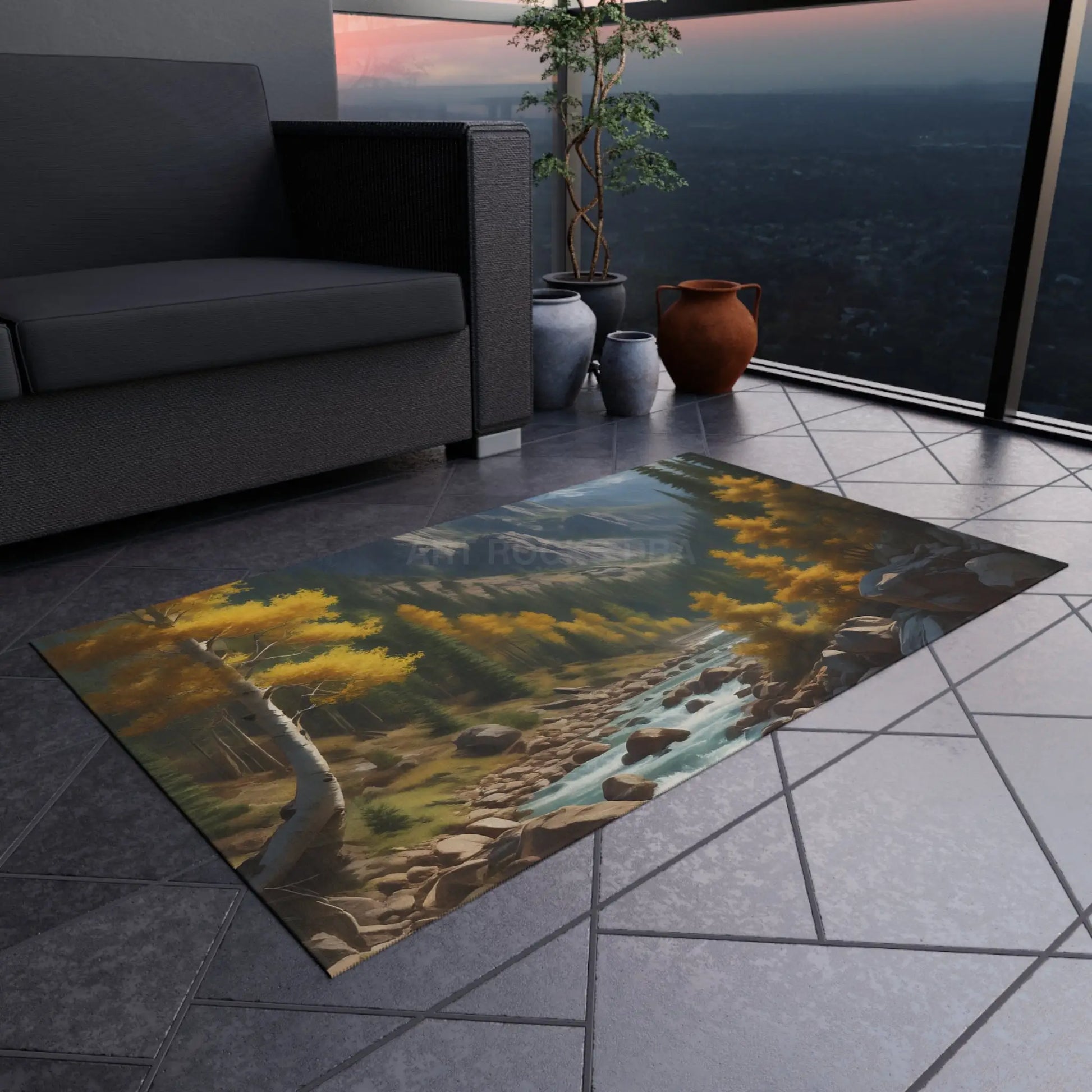Golden Aspen River Outdoor Rug Scenic Area Rug for Patios and Decks Cozy Home Décor for Fall Gatherings Perfect
