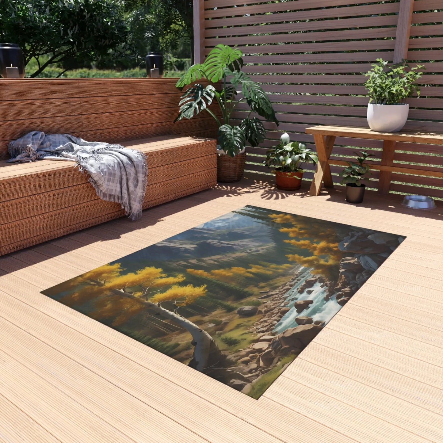 Golden Aspen River Outdoor Rug Scenic Area Rug for Patios and Decks Cozy Home Décor for Fall Gatherings Perfect