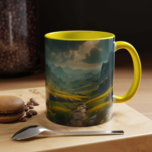 Golden Mountain Valley Flowers Coffee Mug – 11/15oz Accent Mug with Serene Landscape - 11oz / Yellow - Mug