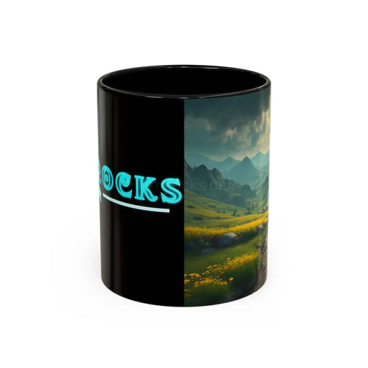 Golden Mountain Valley Flowers Coffee Mug – 11/15oz Accent Mug with Serene Landscape - 11oz / Black - Mug