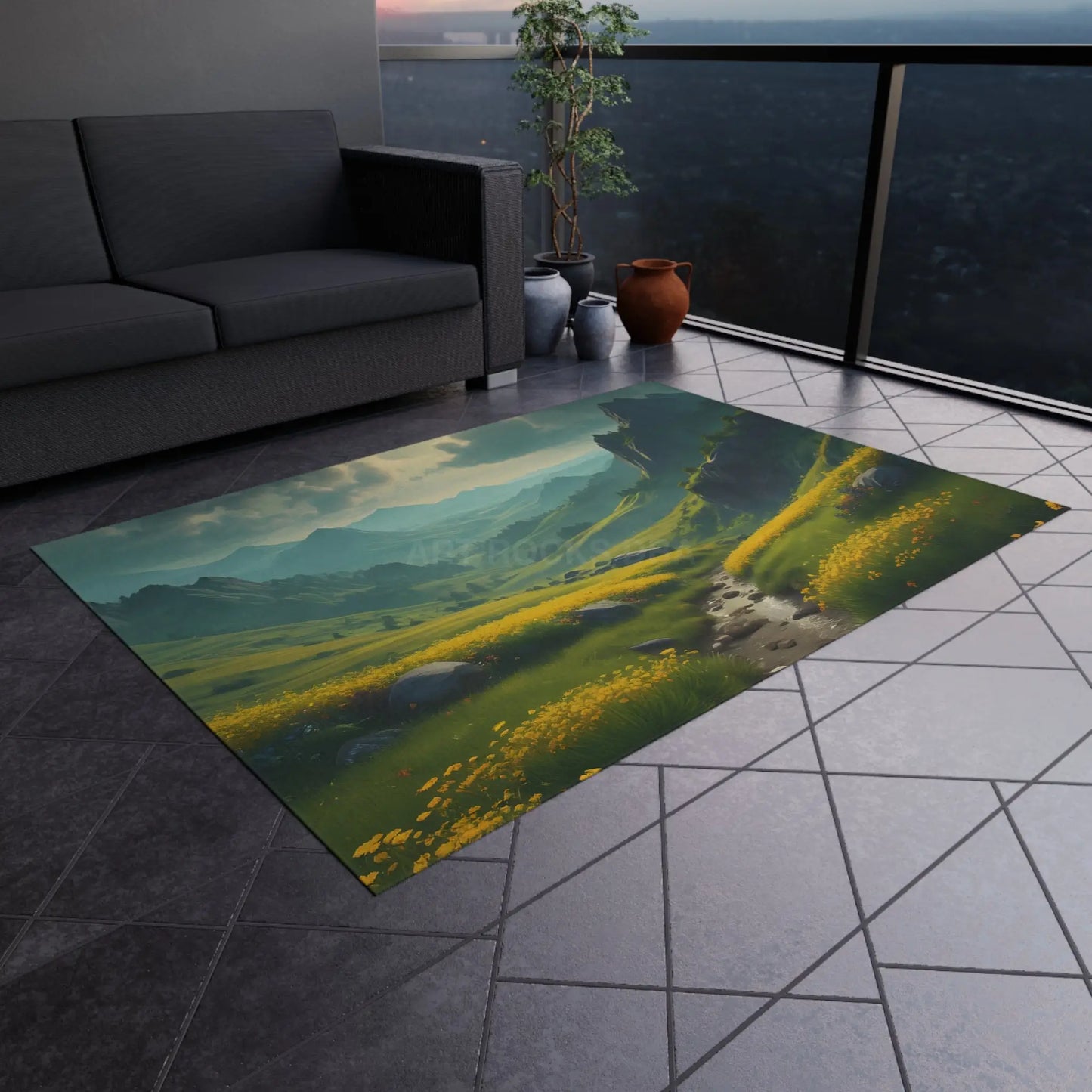 Green Rolling Hills With Yellow Spring Flowers Outdoor Rug Nature-Themed Area Rug Patio Decor Garden Rug Summer Vibes